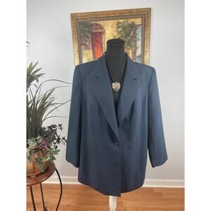 Le Suit Blazer Jacket Womens 18W Navy Weave Long Sleeve Minimalist Dark Academia